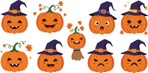 Naklejka premium Cartoon pumpkins wearing witch hats a vector illustration with autumnal leaves and expressions autumn fall