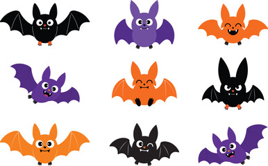 Fototapeta premium Set of nine cute cartoon bats in black, purple, and orange colors for halloween decor