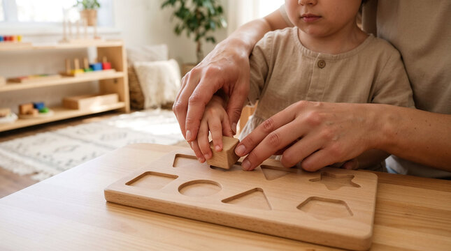 Child hands learning shapes with wooden puzzle