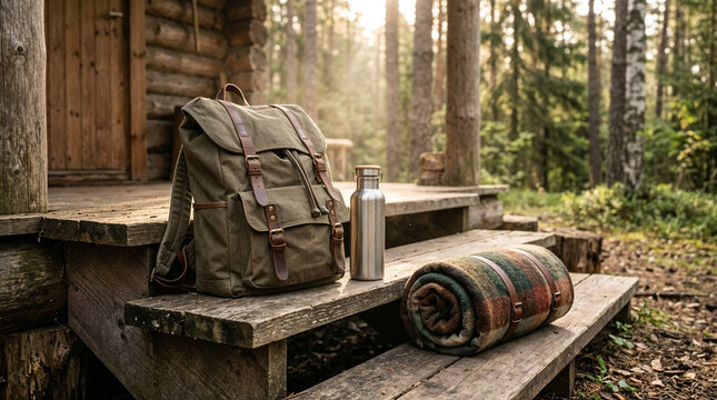Rustic backpack and thermos on cabin porch