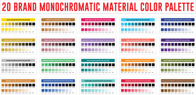 Comprehensive collection of twenty monochromatic color palettes with hex codes swatch