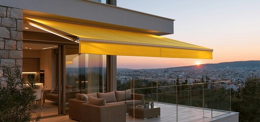 Obraz premium A vibrant yellow foldable canopy brightens a modern balcony with a warm sunset and inviting urban surroundings.