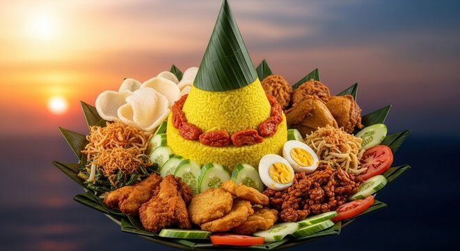 Indonesian nasi tumpeng with food on banana leaves at sunset
