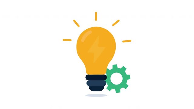 Business Idea and Innovation Concept Flat Vector Animation with Glowing Light Bulb and Gear Icon