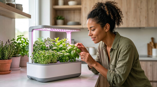 Smiling woman caring for fresh herbs in an indoor smart hydroponic garden