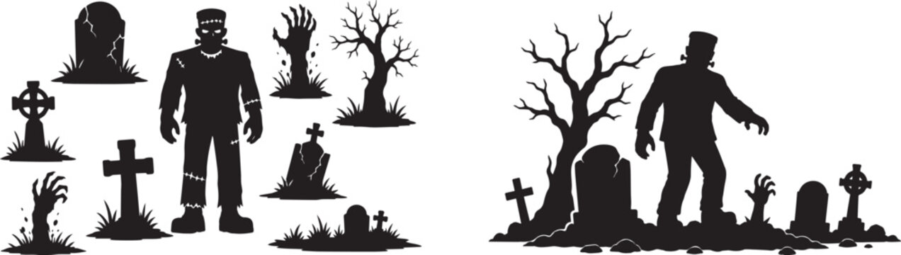 Stitched Graveyard Monster Rising Among Tombstones and Bare Trees Silhouette Set