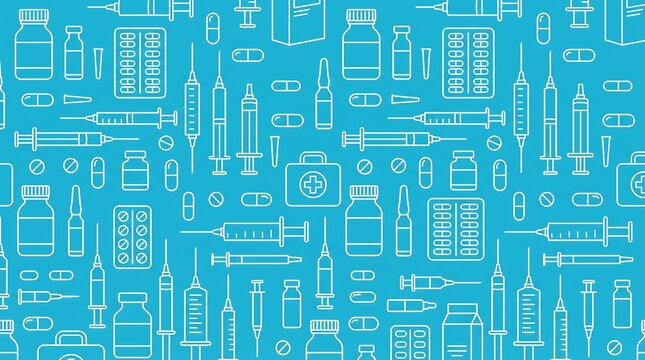 Medical seamless pattern with white line icons on blue background