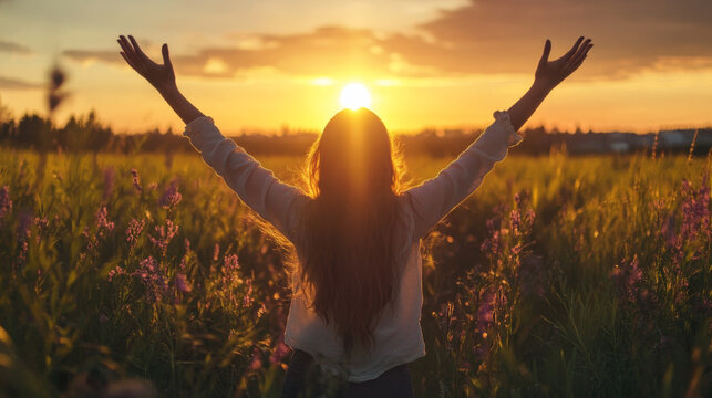 Woman Embracing Freedom at Sunset in Nature