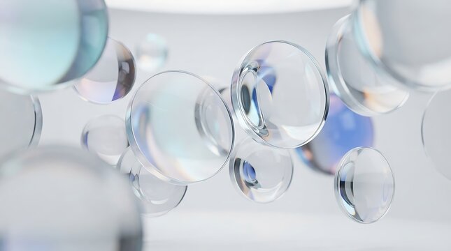 Abstract 3d render of floating transparent glass spheres