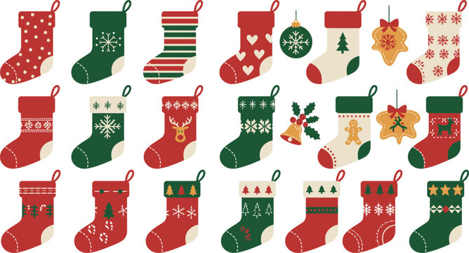 Collection Of Christmas Stockings A Colorful Vector Illustration With Festive Ornamentation holiday socks footwear winter