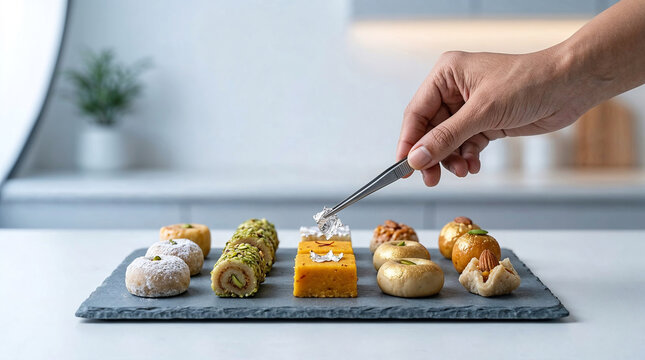 Traditional Indian mithai sweets being decorated with silver foil