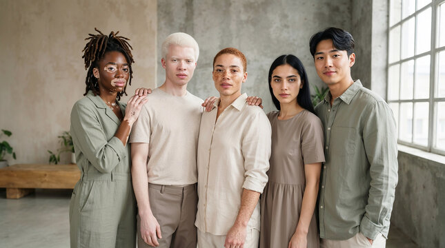 Diverse group of confident people standing together in neutral clothing