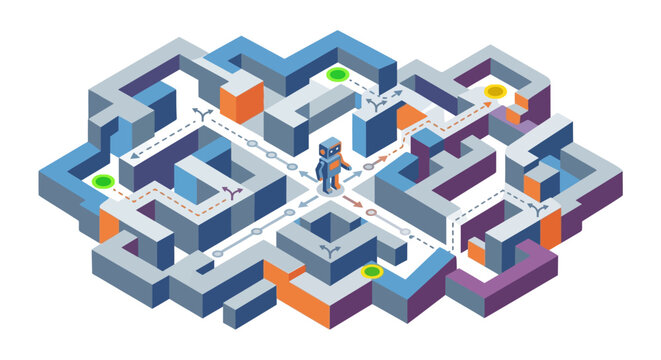 AI robot agent navigating complex isometric maze for reinforcement learning process flat vector illustration