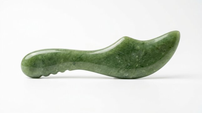 A smooth green jade gua sha scraping tool for facial massage and lymphatic drainage isolated on a white background
