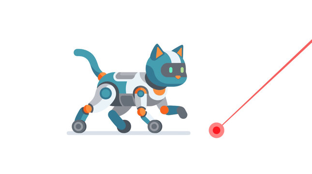 Playful futuristic AI cat robot chasing a red laser pointer dot flat design vector illustration