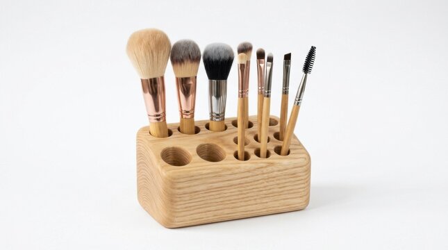 A set of professional makeup brushes stored in a natural wooden organizer on a clean white studio background