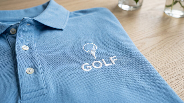 Close up of embroidered white golf ball on tee logo with text on light blue polo shirt on wooden table apparel mockup
