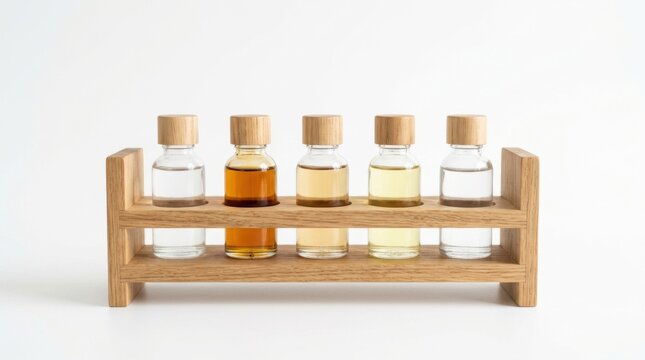Five small glass bottles filled with various colorful essential oils arranged in a rustic wooden display rack isolated