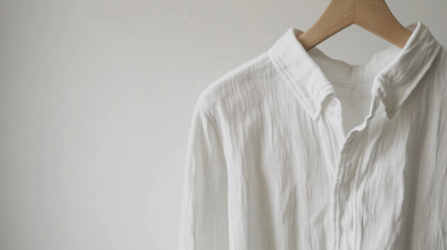 Elegant White Garments on Wooden Hangers Against Neutral Background