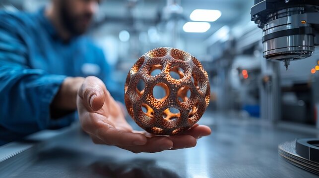 Engineer holding 3D-printed sphere, factory background, additive manufacturing