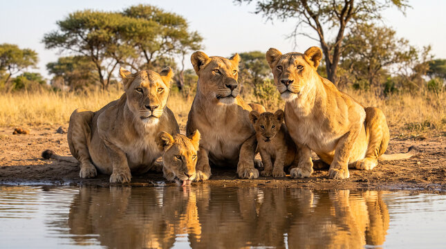 Familia de leonas con un cachorro bebiendo agua en una charca al atardecer en la sabana africana. Escena de vida salvaje con luz dorada y comportamiento natural.