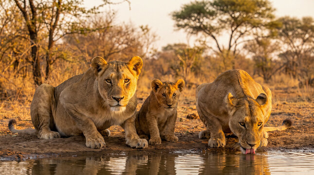 Familia de leonas con un cachorro bebiendo agua en una charca al atardecer en la sabana africana. Escena de vida salvaje con luz dorada y comportamiento natural.