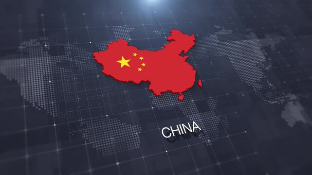 China map with national flag on digital world map background, geographic border, global political and international news concept