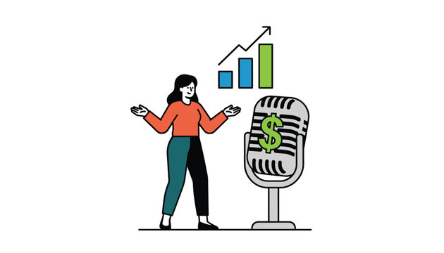 A businesswoman gesturing during a presentation with a microphone featuring a dollar sign and a bar graph showing financial growth trends.