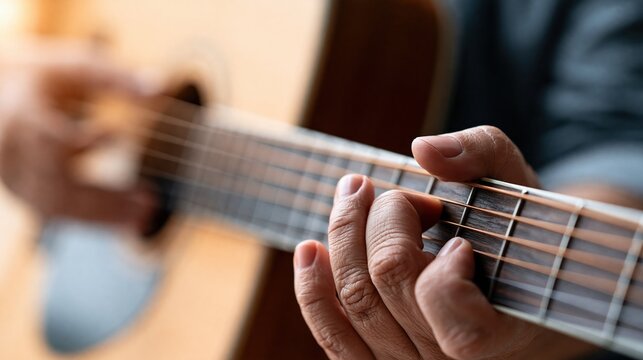 Close-up of a musician's hands playing an acoustic guitar, fingers fretting strings with soft bokeh background