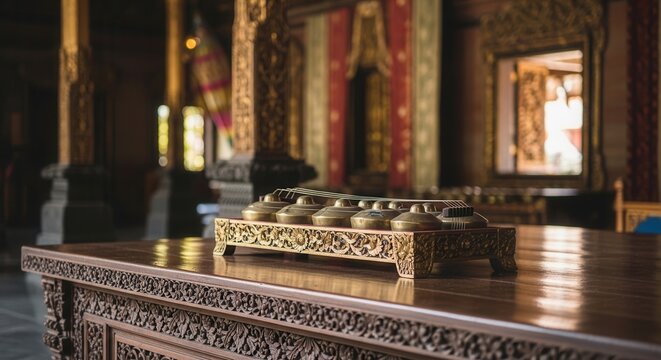 ornate wooden table with golden bells, thai temple interior