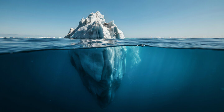 Stunning iceberg floating in deep blue ocean water split view showing underwater structure and sunlit tip.