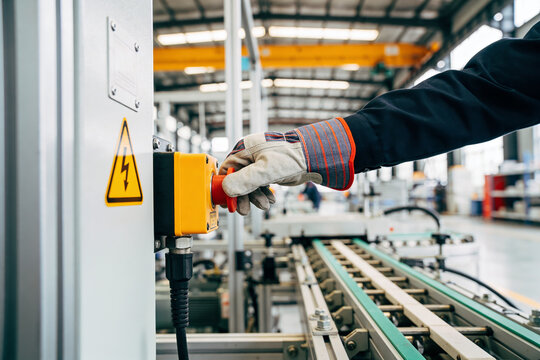 Worker's gloved hand pressing emergency stop button on industrial machinery