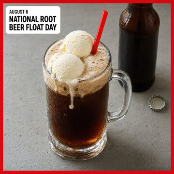 National Root Beer Float Day: A classic vanilla root beer float in a glass mug with a red straw. Generative AI