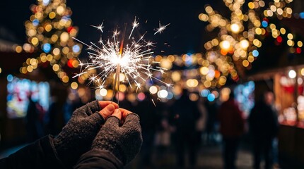 Fototapeta premium A person holds a lit sparkler against a festive market backdrop. The concept captures celebration, holiday spirit, and joyful gatherings, perfect for New Year's or Christmas themes. Generative AI.