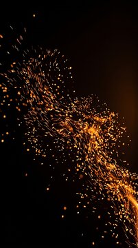 Glowing sparks of fire scatter on a black background. The concept is energy, warmth, and movement, ideal for themes of celebration and industry. Generative AI.