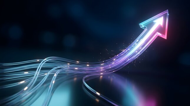 Futuristic glowing neon arrow with fiber optic light trails moving upwards symbolizing fast digital data transfer and technology growth