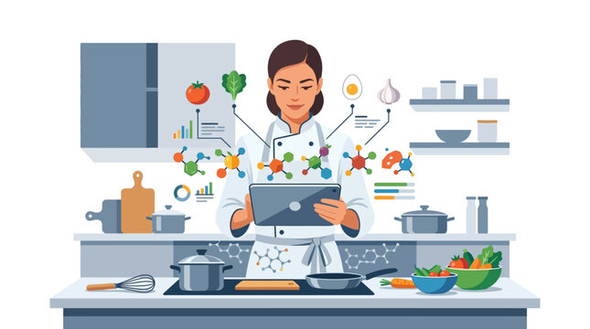 Professional female chef using digital tablet for molecular food science and nutrition analysis flat vector illustration.