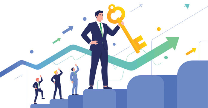Key to Success: A leader figure stands tall, holding a golden key, with a team climbing stairs towards a rising graph symbolizing business growth and success.