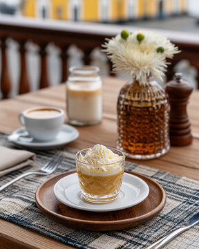 Peruvian Suspiro de Lime&ntilde;a Dessert Served on Outdoor Restaurant Balcony