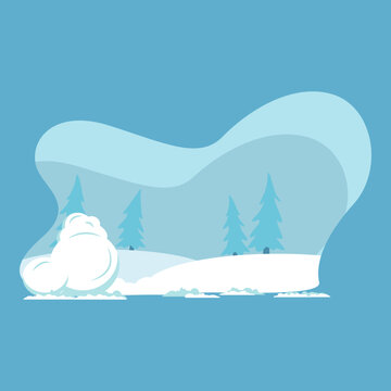 A flat vector illustration of a winter scene featuring a snow pile, distant pine trees, and rolling snow hills, isolated on a blue background with soft abstract cloud shapes. Perfect for Christmas, wi