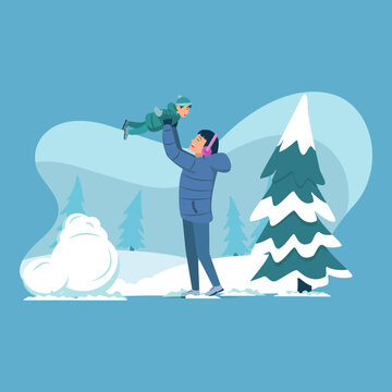 A flat vector illustration of a mother joyfully lifting her child into the air in a snowy winter forest scene with pine trees and snow piles, isolated on a blue background. Ideal for family, winter ho