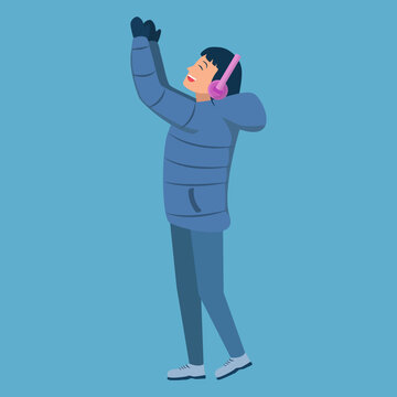 A flat vector illustration of a joyful woman wearing winter clothing and headphones, raising her arms in celebration, isolated on a blue background. Ideal for winter, family, and lifestyle themed desi