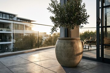 Obraz premium Serene Balcony Oasis with Olive Tree and City View at Sunset