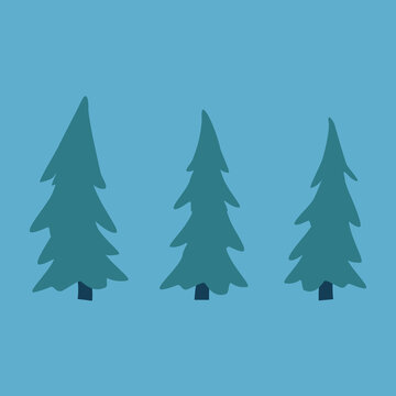 A flat vector illustration set of three pine trees in varying heights and shades of green, isolated on a blue background. Ideal for winter, forest, and holiday themed designs.