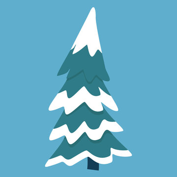 A flat vector illustration of a tall snow-covered pine tree, isolated on a blue background. Perfect for Christmas, winter holiday, and seasonal design projects.