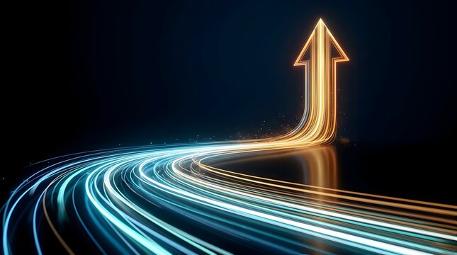 Fast digital light trails transforming into glowing golden upward arrow representing financial success and tech advancement