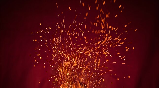 Close up of glowing orange fire sparks on a deep red backdrop. The concept emphasizes energy, warmth, and excitement, suitable for themes like celebration and passion. Generative AI.