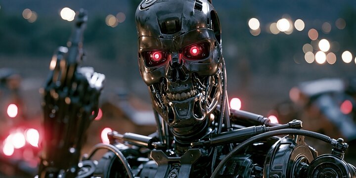 Scary Robotic Cyborg Skull with Red Glowing Eyes and Metallic Endoskeleton