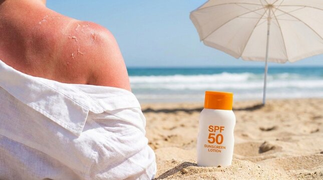 Sunburned skin peeling on shoulder with SPF 50 sunscreen lotion bottle on sandy beach under umbrella background