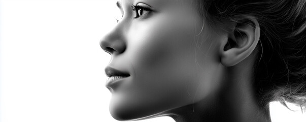 Fototapeta premium Black and white side profile portrait of a woman on a seamless white background